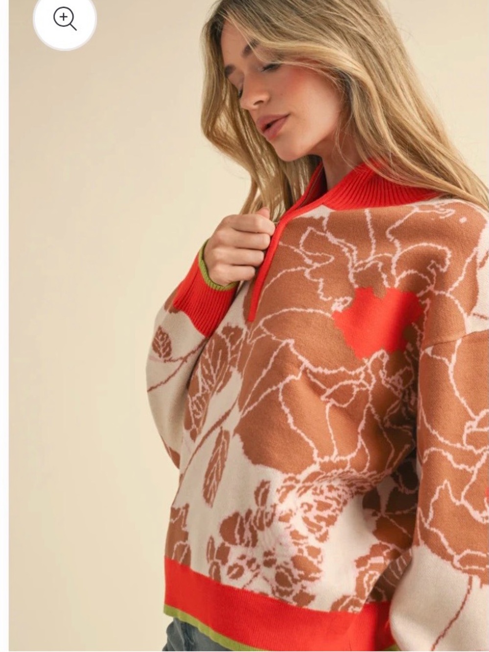 &merci Floral Quarter Zip-Neck Sweater in Orange & Cream Preppy Spring Size- M